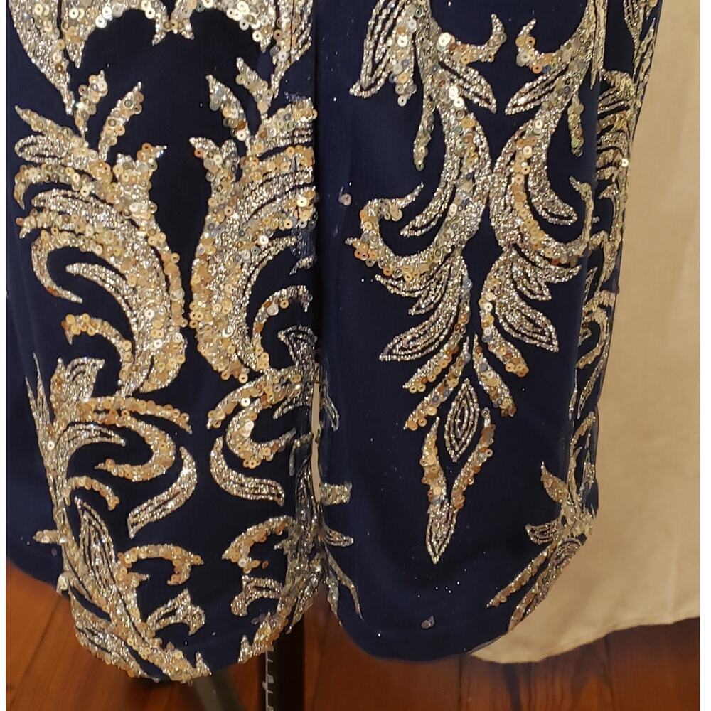 EY Boutique Blue & Silver Sparkle Sequin Gown w/ Feather Trim, Size XL | NWT - Picture 10 of 12